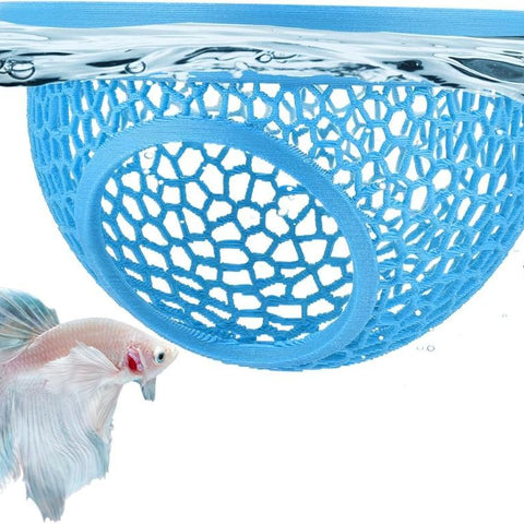 Floating Betta Hide & Shrimp Cave – 3D Printed Aquarium Hammock, Feeder & Rest Spot – Floating Betta Log & Cave Decor for Nano Tanks, Corydoras, Shrimp & Small Fish – Safe PLA, Patent Pending - Blue - Size S