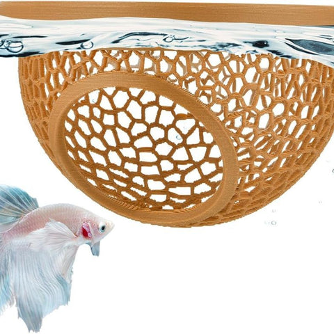 Floating Betta Hide & Shrimp Cave – 3D Printed Aquarium Hammock, Feeder & Rest Spot – Floating Betta Log & Cave Decor for Nano Tanks, Corydoras, Shrimp & Small Fish – Safe PLA, Patent Pending - Yellow - Size S