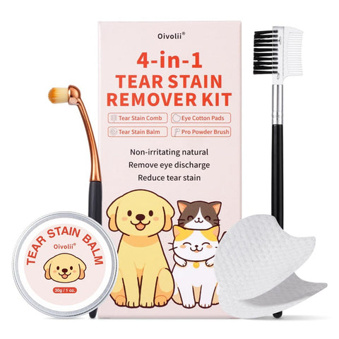 Tear Stain Remover Kit for Dogs & Cats with Tear Stain Comb, Tear Stain Balm, Eye Cotton Pads, Pro Powder Brush Gently Remove Tear Stain, Eye Debris, Discharge, Mucus Secretions