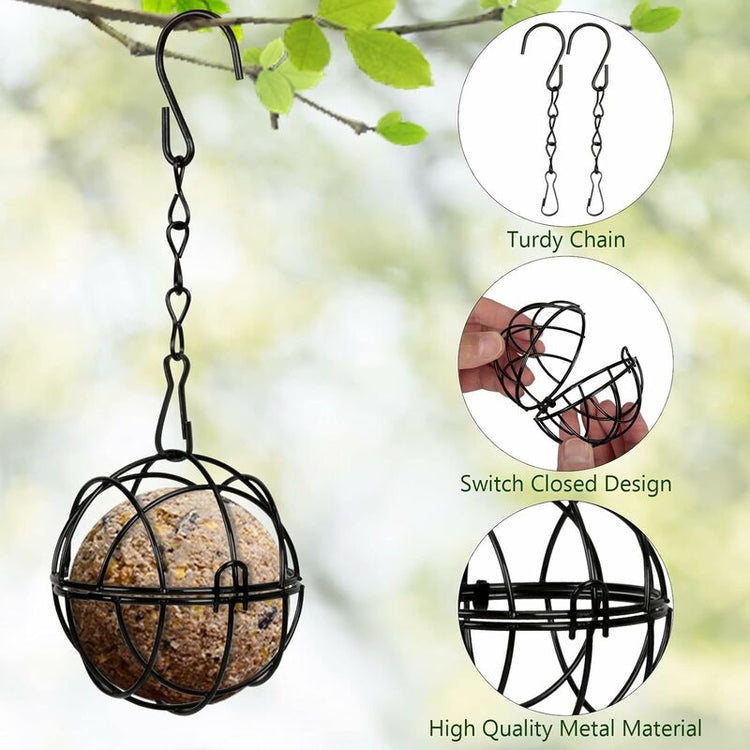 4 pcs Hanging Bird Feeders Metal Bird Fat Ball Holder Indoor Outdoor Black 7Cm Diameter Food Dispenser With 4 S-Shaped