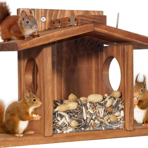 Wooden Squirrel Feeder with Removable Front Panel, Durable Outdoor Feeding Station, Easy to Fill