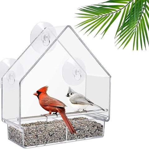 Acrylic bird feeder with suction cup bird bath and food bowl, 15x5.5x16 cm