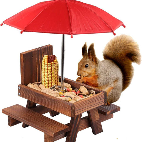 Wooden Squirrel Feeder with Parasol and Picnic Table, Outdoor Squirrel Table Set, Robust and Reliable
