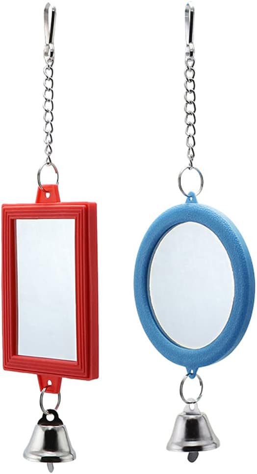 2-Piece Parrot Mirror Toy Hanging with Bells Pendant Bird Cage Accessories for Bird Parrot Budgie Parakeet Cockatiel Conure Lovebird Finch Canary Random Color ๏ผ 1pc Square +1pc Circle๏ผ โฆ