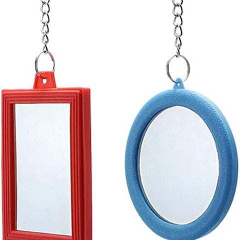 2-Piece Parrot Mirror Toy Hanging with Bells Pendant Bird Cage Accessories for Bird Parrot Budgie Parakeet Cockatiel Conure Lovebird Finch Canary Random Color ( 1pc Square +1pc Circle) …