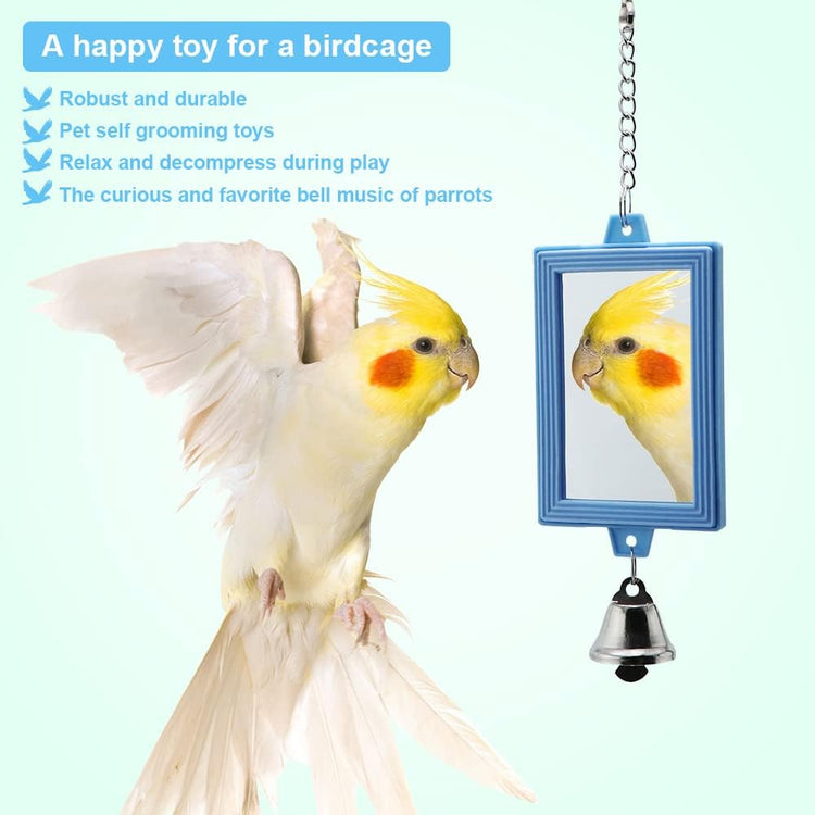 2-Piece Parrot Mirror Toy Hanging with Bells Pendant Bird Cage Accessories for Bird Parrot Budgie Parakeet Cockatiel Conure Lovebird Finch Canary Random Color ๏ผ 1pc Square +1pc Circle๏ผ โฆ