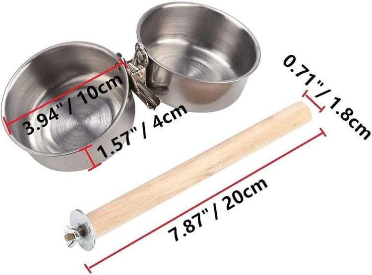 Bird Perch with Feeder CupsBowls Stainless Steel Odorless with Holder Hanger for Outside Durable Water Food Dispenser for Parakeet Cockatiel Conure African Grey Macaw Cage Accessories (B-20CM)