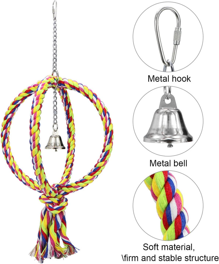 Bird Swing Perch Stand Cotton Rope 2 Two Rings Toy for Parrot Budgie Parakeet Cockatiel Conure Lovebird Finch Canary Cockatoo African Grey Macaw Eclectus Amazon Cage Accessories