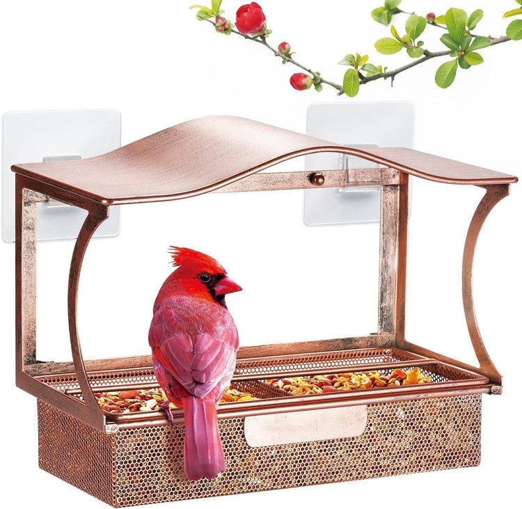 Stainless Steel Window Bird Feeder with Suction Cups, Transparent Weather-Resistant Feeding Station for Watching Small Wild Birds