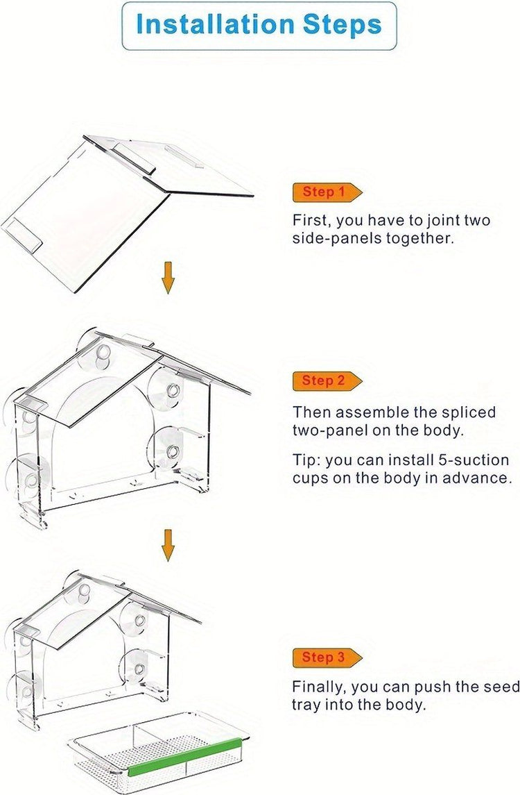 Birdhouse for on or attached to the window, Birdhouse with Suction Cups, Bird Feeder Transparent Window, Feeding Station, Includes Suction Cups