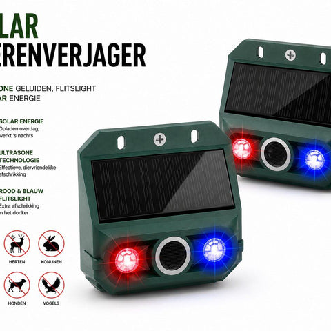 2 Pieces Solar Animal Repellers with Motion Sensor, Ultrasonic Sound Alarm and Red Blue LED Strobes for Garden, Farm and Yard, Green
