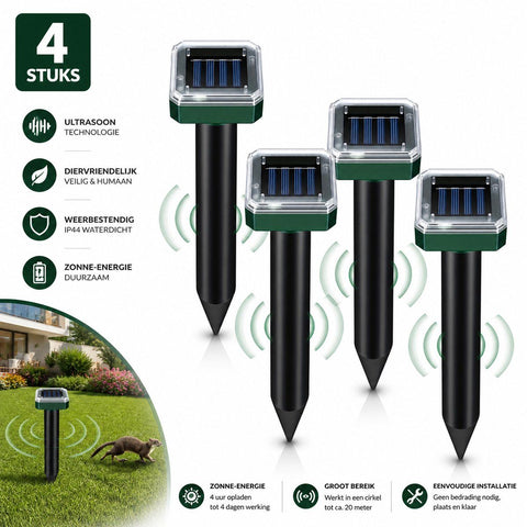 4 Pack Solar Ultrasonic Animal Repellers with Flashing LED Strobe and Motion Sensor for Garden, Lawn and Yard Use