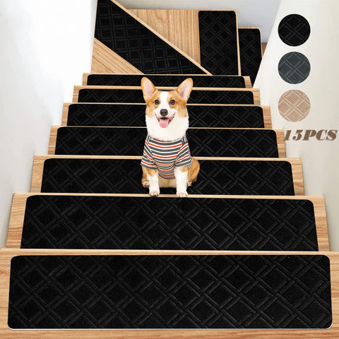 Stair Treads for Wooden Steps, Soft Stair Treads, 8 x 30 Inch Reusable Carpet Stair Treads, Washable Stair Runners for Wooden Steps Non Slip Stair Rugs #12_Black