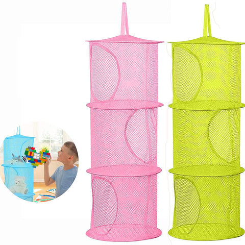 2 Pcs Hanging Mesh Stuffed Animal Storage Hammock Net, Foldable Toy Storage Organizer 3 Compartments Net for Stuffed Animals Corner for Boys, Girls, Gloves, Hats, Socks Pink-green