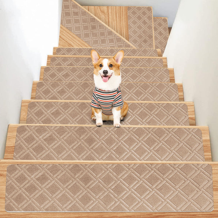 4-Piece Non-Slip Stair Treads, Self-Adhesive Striped Carpet Mats, Absorbent & Quiet Step Pads, Can Be Cut to Fit, Washable for Indoor Staircase Safety\u200b\u200b Khaki