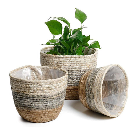 Woven Seagrass Plant Basket, Flower Pots Home Boho Decor, Storage Picnic Grocery Straw Bag for Plant Artificial Tree - 5.5