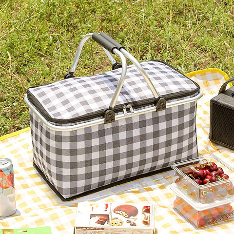 Picnic Basket, Collapsible Shopping Basket with Lid Large Market Basket with Handles Reusable Folding Grocery Basket Insulated Cooler Bag for Picnic Travel 47x27x22cm/18.5x10.62x8.66in Black