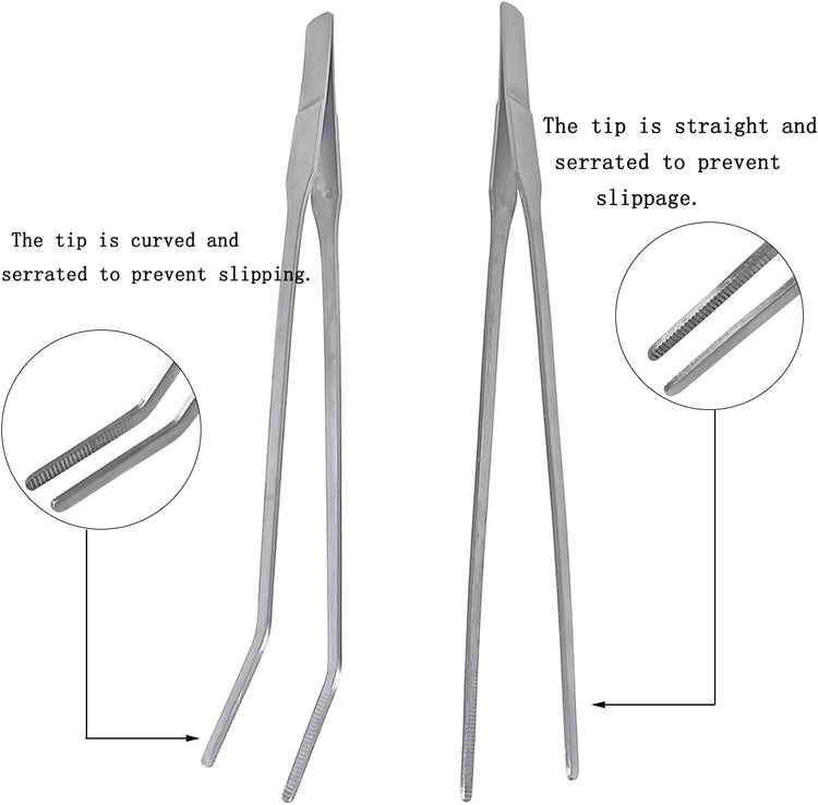 2 Pcs Feeding Tongs, Aquarium Tweezers Stainless Steel Straight and Curved Tweezers Set 27cm/10.6 inches Aquascaping Tools for Hold Worms, Reptiles, Lizards, Bearded Dragon (Silver)