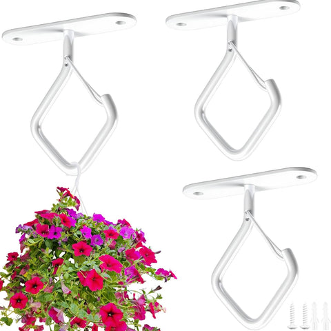 Ceiling Plant Hooks with Safety Buckle, White Metal Hanging Hooks for Plants, Wind Chimes, Bird Feeders, 3 Pack