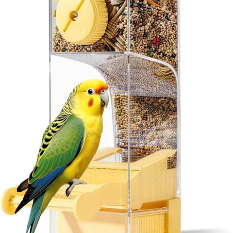 Automatic Bird Feeder for Parakeets, Cockatiels & Canaries with Convenient Seed Catcher Tray Yellow