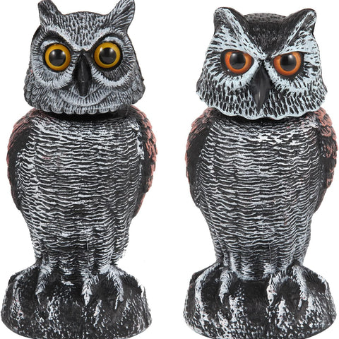 2 Pack Fake Owl Decoys to Scare Birds Away, Rotating Head Bird Deterrents, Nature Enemy Scarecrow Plastic Statues, Pest Repellent for Gardens and Patios