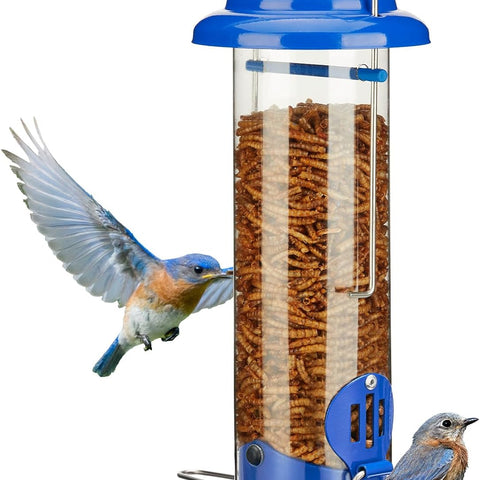 Upgraded Bluebird Feeder for Outdoors Hanging, Metal Mealworm Tube Bird Feeder with Widen Perch for Wild Birds, Squirrel Chew Proof, Easy to Refill & Clean(Blue)