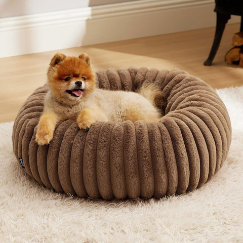 Calming Donut Pet Bed - Faux Rabbit Fur Soft Warm Round Cat Dog Bed - Plush Cozy Cuddler for Small Dogs Cats - Camel L 80cm