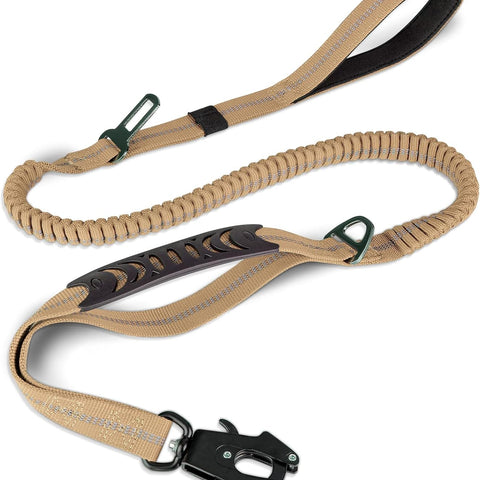 Tactical Dog Leash Heavy Duty, 4-6FT Shock Absorbing Bungee Lead with 2 Padded Handle, Metal Carabiner Clip, Car Seatbelt, Strong No Pull for Medium Large X-Large Dogs, Coyote Brown -