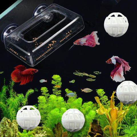 Fish Feeding Box Ring for Turtle with Filter Ball Set, Fish Feeder Ring and Nitrifying Ball, Betta Feeding Floating, Turtle Enrichment Toys, Floating Betta Food Holder (Clear,2Pcs) - Clear - Size M
