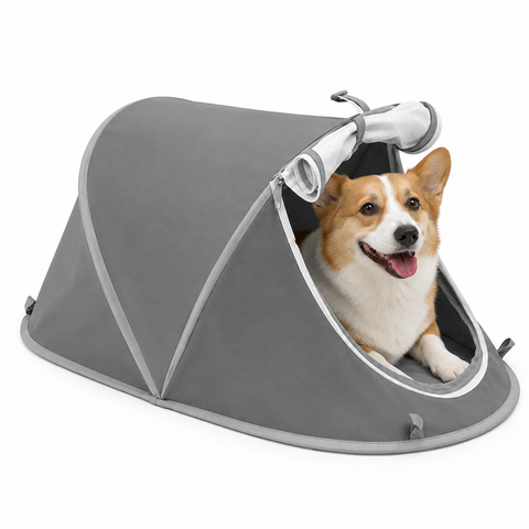 Foldable Portable Pet Tent – Breathable Oxford Fabric Puppy & Kitten House for Indoor Rest and Outdoor Camping, Equipped with Mesh Door and Ground Stakes for Picnic and Travel (Grey)