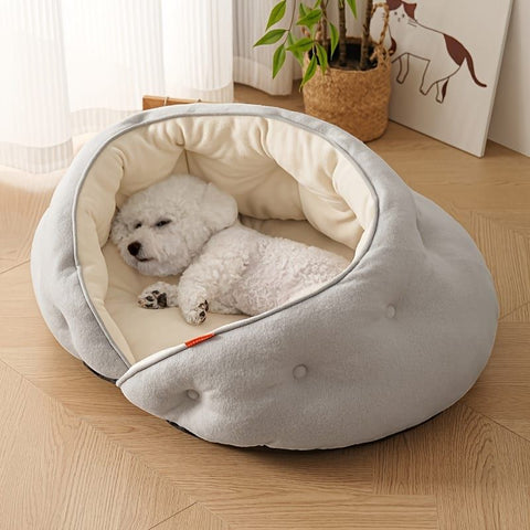 Semi-Enclosed Pet Bed with Plush Comfort and Anti-Slip Base – Ideal for Cats and Small to Medium Dogs Seeking a Cozy, Secure Sleep Spot for All Seasons (M, Grey)