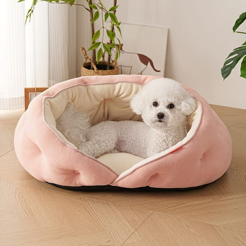 Semi-Enclosed Pet Bed with Plush Comfort and Anti-Slip Base – Ideal for Cats and Small to Medium Dogs Seeking a Cozy, Secure Sleep Spot for All Seasons (M, Pink)