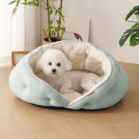 Semi-Enclosed Pet Bed with Plush Comfort and Anti-Slip Base – Ideal for Cats and Small to Medium Dogs Seeking a Cozy, Secure Sleep Spot for All Seasons (S, Blue)