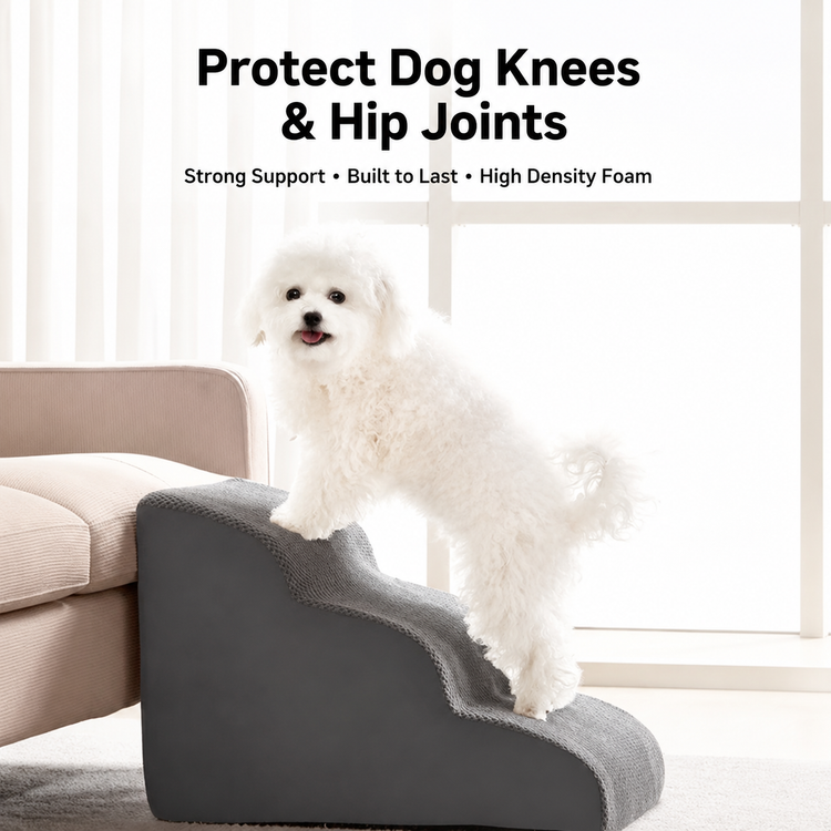 Orthopedic Foam Pet Stairs with Washable Cover – Safe 2, 3, & 4 Tier Dog Ramp for Bed & Couch Access, Gentle Slope for Puppies, Small Breeds, and Senior Pets Needing Joint Relief (Beige, 3Tier)