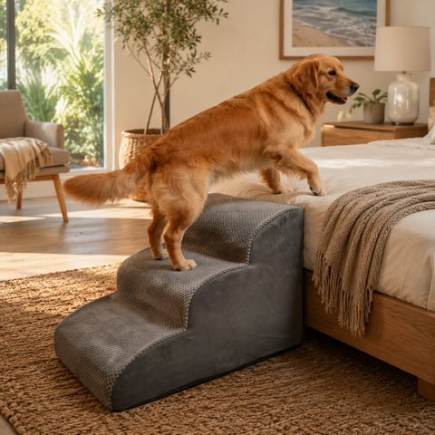 Orthopedic Foam Pet Stairs with Washable Cover – Safe 2, 3, & 4 Tier Dog Ramp for Bed & Couch Access, Gentle Slope for Puppies, Small Breeds, and Senior Pets Needing Joint Relief (Grey, 3Tier)