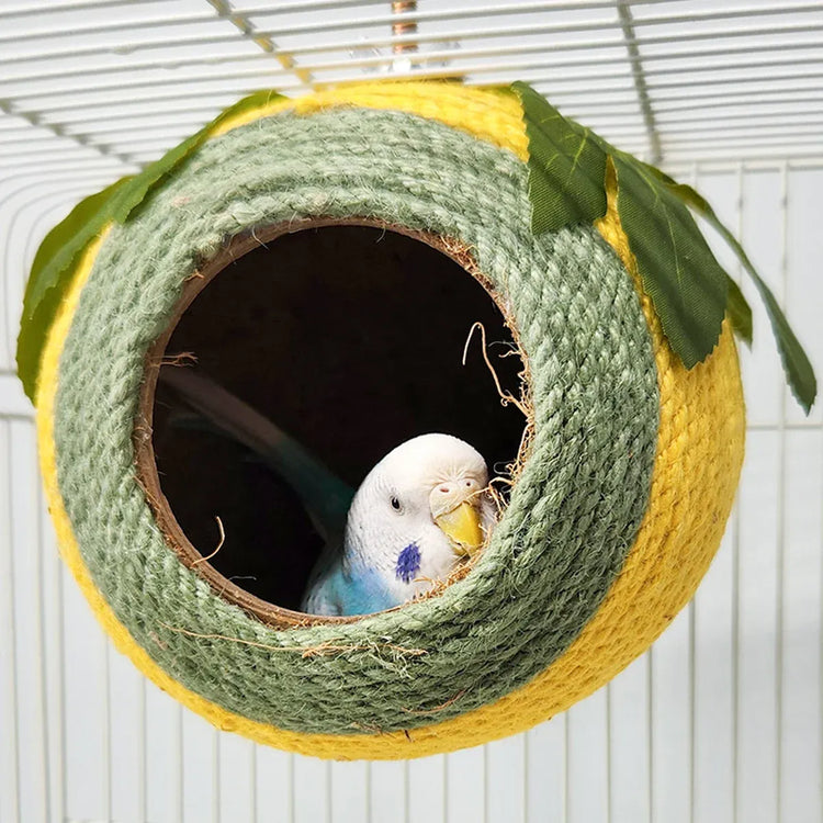 Bird Nest Parrot Nest Coconut Shell Braided Twine Colourful Cage Hanging Bed - White-Brown-Screw Model
