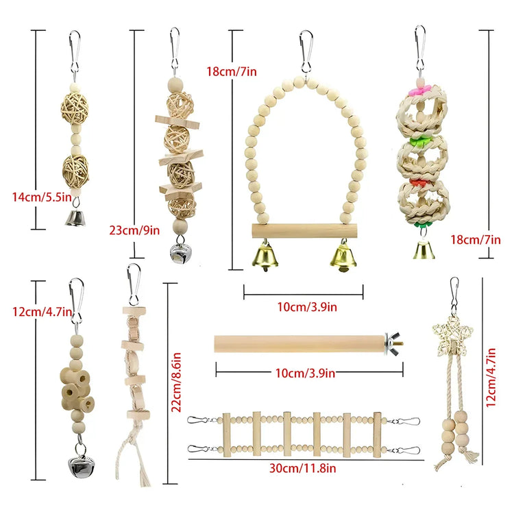 Bird Chew Toys Wooden Color 9-Piece Set Swing Hanging Bridge for Parrots AUS