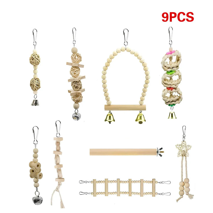 Bird Chew Toys Wooden Color 9-Piece Set Swing Hanging Bridge for Parrots AUS