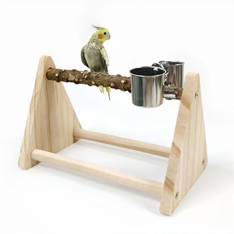 Solid Wood Parrot Desktop Training Rack Station with Food Basin Durable