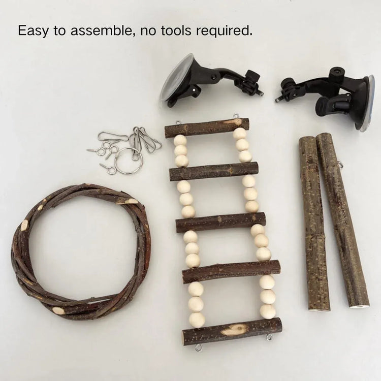 Wooden Parrot Stand Climbing Ladder Swing Toy for Birds Cage Play Accessories - Suction Cup Type