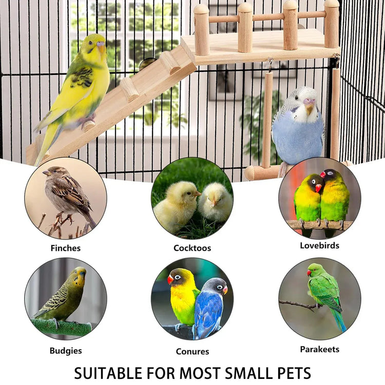 Wooden Parrot Platform Ladder Swing Toy 3 Piece Set Natural Wood Non Toxic