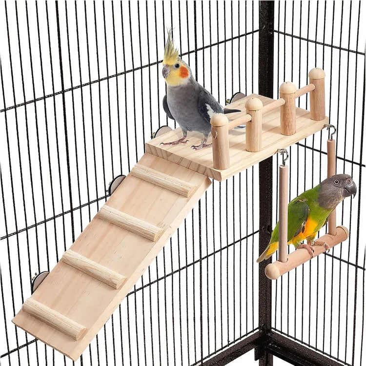 Wooden Parrot Platform Ladder Swing Toy 3 Piece Set Natural Wood Non Toxic