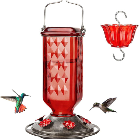 Elegant Hanging Hummingbird Feeder - Decorative Glass Nectar Bottle with Ant Moat, 6 Feeding Ports(Red)