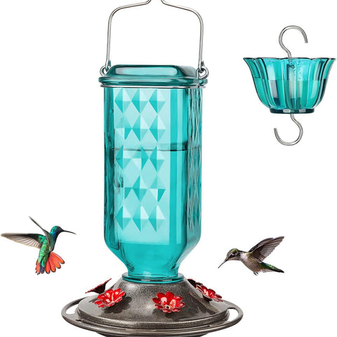 Elegant Hanging Hummingbird Feeder - Decorative Glass Nectar Bottle with Ant Moat, 6 Feeding Ports(Green)