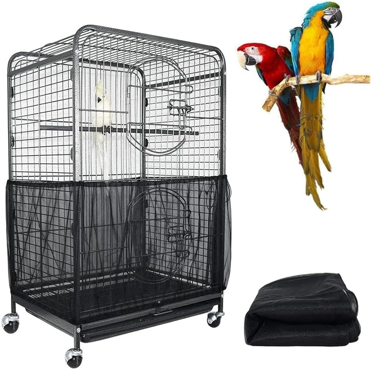 XXL Black【Height 40, Circumference 220】 Large Bird Cage Seed Catcher Net Cover - Adjustable Mesh Guard Splash-Proof Dust Cover for Indoor Outdoor Cages