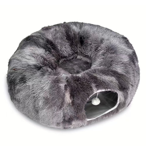 2-in-1 Dark Grey Tie-Dye Donut-Shaped Cat Tunnel Bed - Spacious 85cm Pet Play Tunnel & Lounger, Durable Fabric for Cats & Kittens