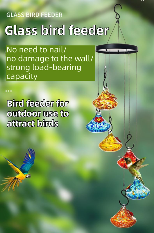 Outdoor Hand-Blown Glass Bird Feeder - Durable Weather-Proof Bird Waterer, Includes Funnel & Hanging Rope (Single - Red Silk)