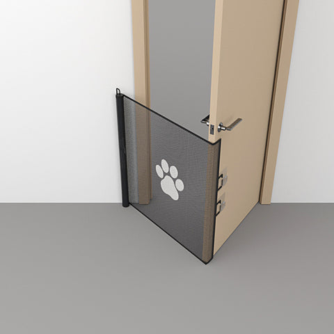Retractable Pet Safety Gate 130x78cm Paw Print Mesh Dog Barrier Automatic Rebound No Drill Fence for Stairs and Doorways