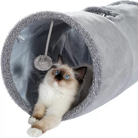 30X130CM Grey Durable Suede Foldable Cat Tunnel - Interactive Multi-Sensory Play Tube with Crinkle Paper & Plush Interior, plush ball and Steel Frame