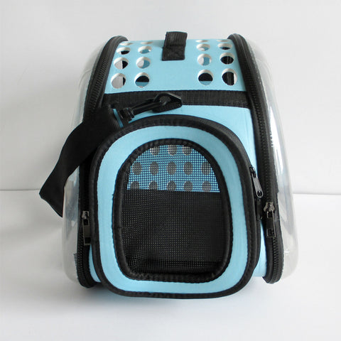 Blue Foldable Breathable Pet Carrier with Panoramic Window & Strap - EVA & Lychee Leather Crossbody Travel Bag (L 42 x 33 x 28.5CM)